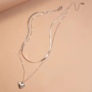 Double layer silver heart pendant necklace with snake chain and lobster clasp