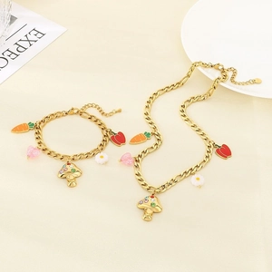 Handmade 18k gold plated Cuban chain jewelry set with mushroom and carrot pendants