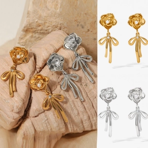 Camellia Flower Bow Drop Earrings 316 Stainless Steel Artificial Pearl Zircon Waterproof Hypoallergenic French Retro Jewelry Women