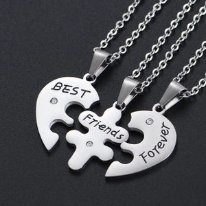 Three-piece silver puzzle necklaces with Best Friends Forever engraving and rhinestones