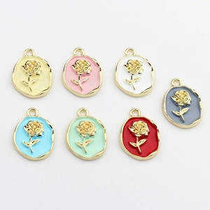 Enamel oval rose flower alloy pendants in various colors for DIY jewelry making