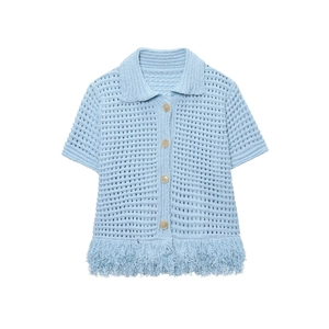 Light blue short sleeve knit cardigan with tassels and hollow texture on white background
