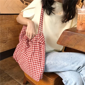 Gingham Plaid Tote Bag Seersucker Shoulder Handbag With Bowknot Tie Straps Large Capacity Casual Literary For Women