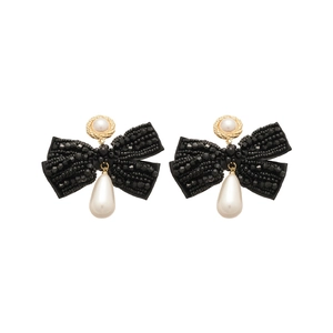 Bow-knot drop pearl earrings with black crystal beads and gold metal accents