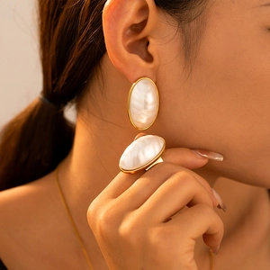 French style mother of pearl oval earrings and ring set in 18k gold plated titanium steel