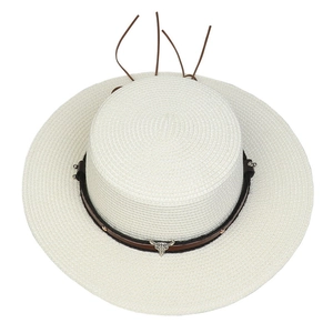 Top view of white flat top straw hat featuring a brown leather band with ox head buckle