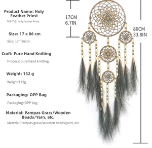 Detail view of handmade dreamcatcher with feathers and pampas grass measuring 17x86cm