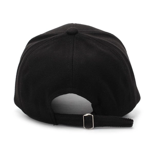 Back view of black corduroy baseball cap with adjustable metal buckle and strap