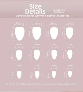 Size chart for 24pcs almond press on nails with detailed measurements in 12 various sizes
