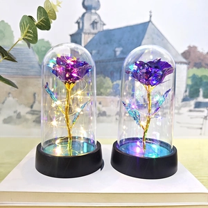Close-up of dual purple gold foil roses in glass dome with warm LED fairy lights decoration