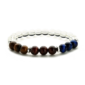 Detailed view of tiger eye stones and clear crystal beads on an elastic bracelet