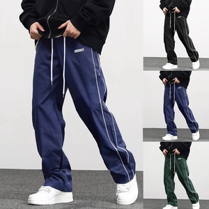 Men Sports Casual Pants Drawstring Elastic Waist Side Stripes Straight Wide Leg High Street Retro Urban Fashion