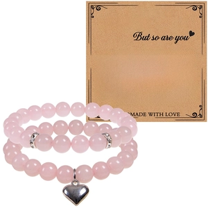 Set de bracelets en quartz rose avec breloque cœur argentée et perles en cristal