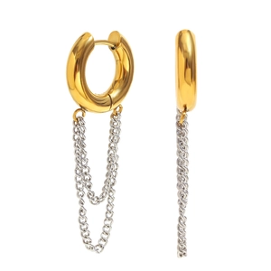 Elegant 18K gold plated stainless steel hoop earrings with silver chain tassels