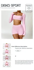 Detail view of pink long sleeve yoga set showing high elasticity fabric and square neckline
