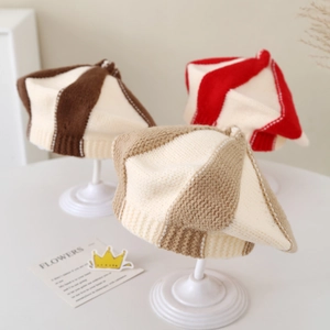 Baby Kids Knitted Beret Hat Striped Color Block Warm Woolen Painter Cap For Toddlers Boys Girls Autumn Winter