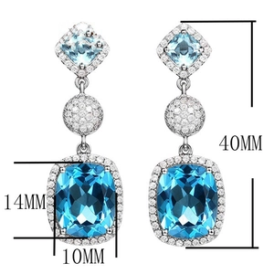 Detail shot of blue crystal drop earrings with 40mm length and 14mm width dimensions