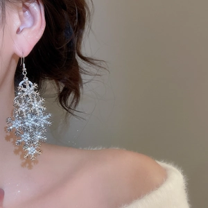 Macro shot of silver snowflake tassel earrings with sparkling rhinestones on model
