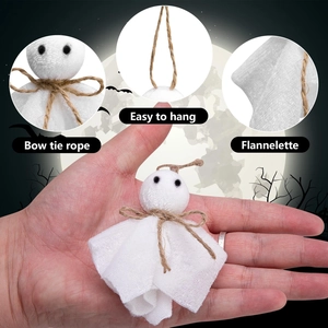 Detail of white flannel ghost pendant with hemp bow tie and hanging loop for Halloween