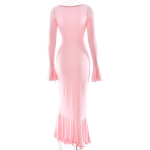 Back view of pink slim fit maxi dress featuring bell sleeves and ruffled hem details