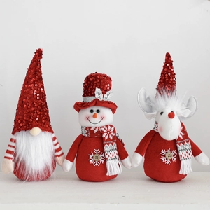 Plush Christmas gnome, snowman, and reindeer figures with red sequins for home decor