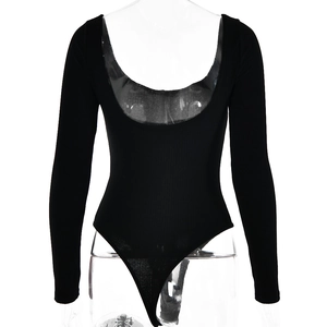 Close-up of black ribbed long sleeve bodysuit with U-neck design on mannequin model