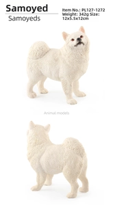 Detailed views of Samoyed dog figurine with textured white fur and dimensions