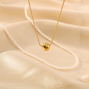 Double-layered 18K gold-plated snake chain necklace with pearl and ball pendant