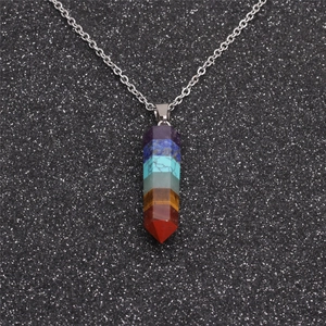 Fashionable hexagonal stone column chakra pendant necklace with sleek silver metal chain