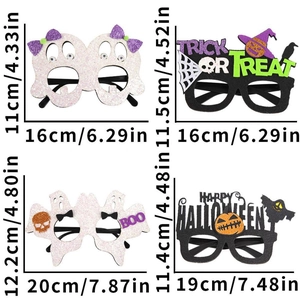 Detailed dimensions of Halloween party eyewear featuring ghosts, pumpkins, and bats