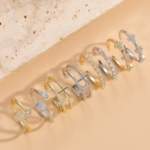 Cross Geometric Adjustable Open Ring Copper With Cubic Zirconia Minimalist Fashion Jewelry For Women Elegant Style