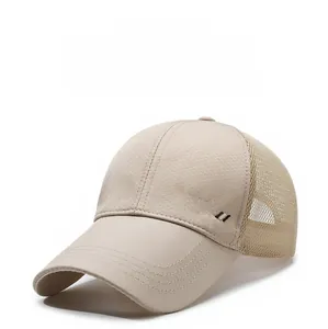 Detail of breathable mesh and SPORT embroidery on a khaki quick-dry sun hat