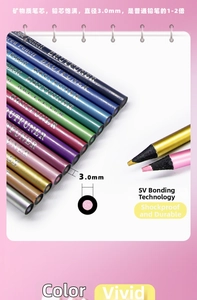 Close-up of metallic colored pencils with 3.0mm break-resistant cores and SV bonding tech