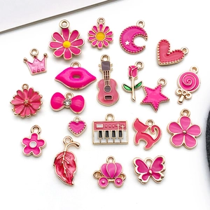 Mix of 20 pink enamel alloy charms for DIY jewelry making including flower and crown shapes