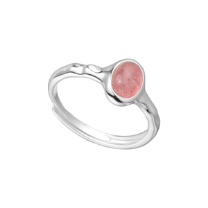 925 silver irregular band ring with oval pink strawberry crystal in minimalist style