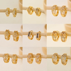 Gold Plated Copper Hoop Earrings Cubic Zirconia Huggie Heart Butterfly Flower Floral Exquisite Jewelry For Women