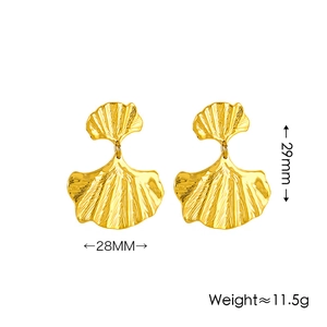 Textured gold ginkgo leaf stud earrings in stainless steel with 28mm by 29mm dimensions