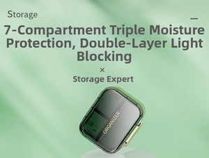 Close-up of portable dark green 7-compartment pill organizer with moisture-proof seal