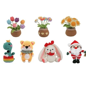 Macro view of 7 handmade crochet dolls including tulips, dinosaur and Shiba Inu