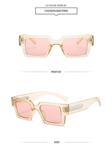Detail view of retro square champagne sunglasses with pink lenses and metal hinges