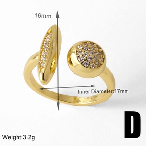 Detailed view of gold plated open ring with cubic zirconia and size measurements