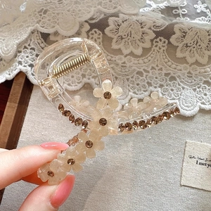Elegant floral hair claw clip with beige flowers and brown crystals on transparent base