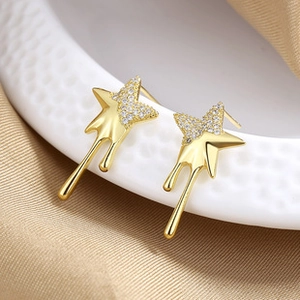 Makro-Detail goldener Stern-Ohrringe mit Quasten-Design und klaren Kristallen