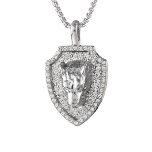 Men's silver shield necklace with relief wolf head and sparkling rhinestones