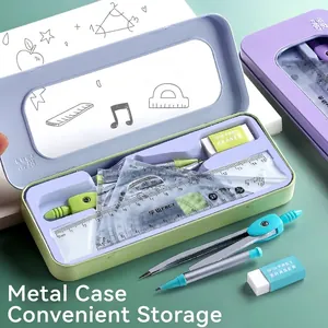 7-piece student geometry set in a green metal box with compass, rulers and protractor
