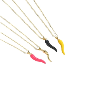Colorful enamel chili pepper pendant necklaces in gold, pink, black and yellow colors