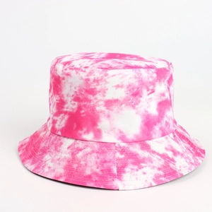 Detailed view of pink and white tie-dye cotton bucket hat with multi-row stitched brim