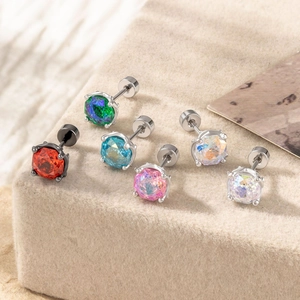 Minimalist titanium steel stud earrings with colorful round zirconia in claw settings