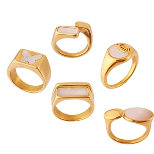 Set of five 18k gold plated stainless steel rings with mother of pearl inlays