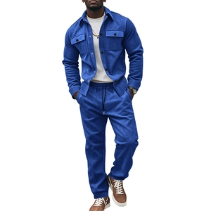 Detail view of royal blue faux suede jacket texture and matching pants set for men